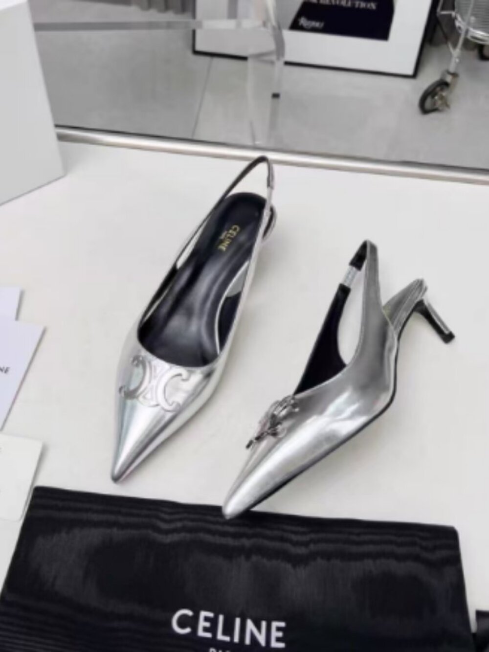 Celine Silver Metallic Pointed Toe Slingback Kitten Heels, Size EU 38 (US 7.5)